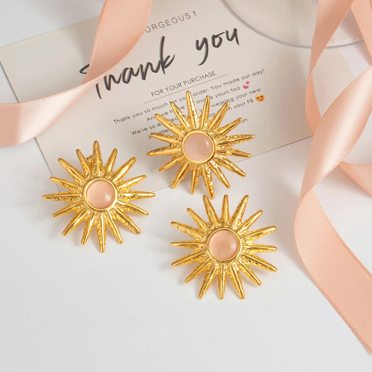 18k Gold Plated Stainless Steel Sun Pattern Cat Eye Stone Earrings Ring Women Anti Allergic Rust Proof Stylish Jewelry