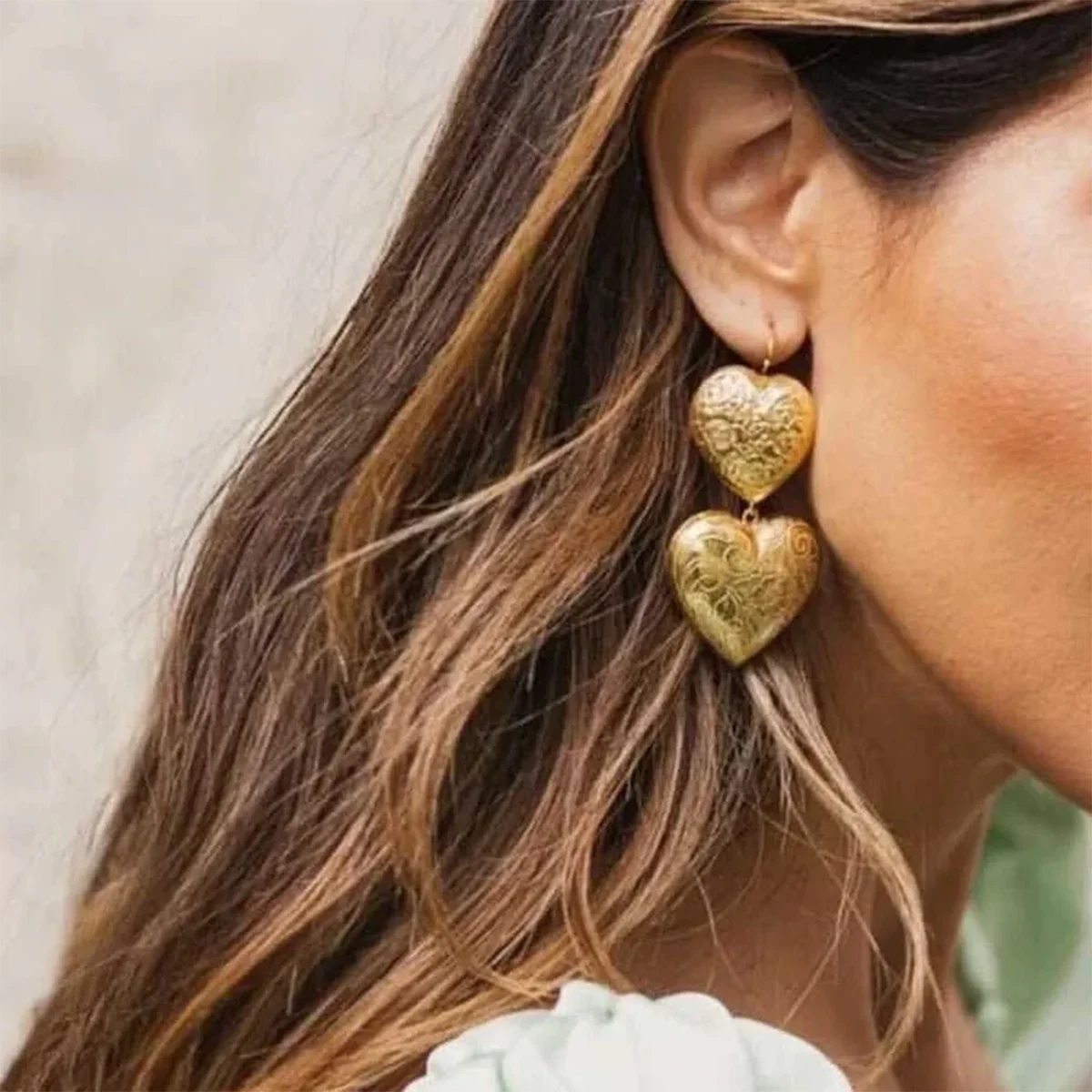 18K Gold Plated Stainless Steel Vintage Love Heart Texture Wave Earhook Earrings Women Romantic Charms Metal Daily Jewelry