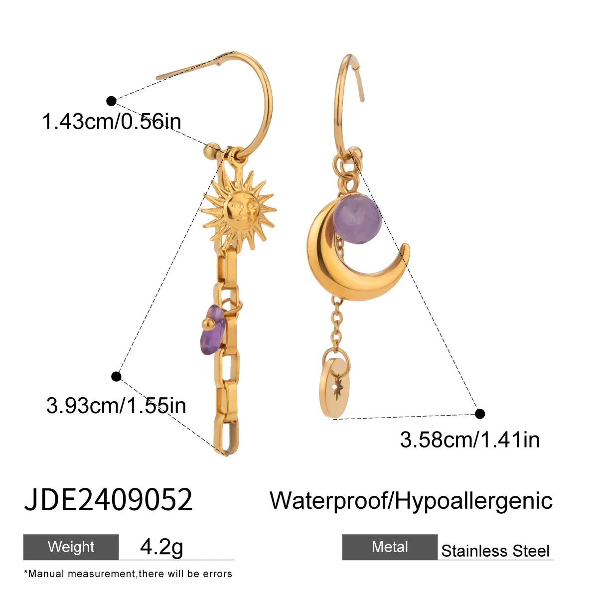 18 Karat vergoldete Ohrringe mit Pentagramm und Mond aus Naturstein, glatte Creolen, Edelstahl, Modeschmuck, Geschenkidee für Damen