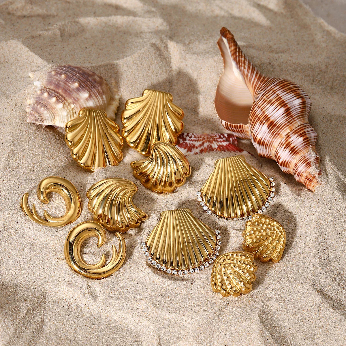 18K Gold Plated Summer Sea Ocean Shell Vortex Series Vintage Stud Earrings Stainless Steel Statement Waterproof Jewelry Women